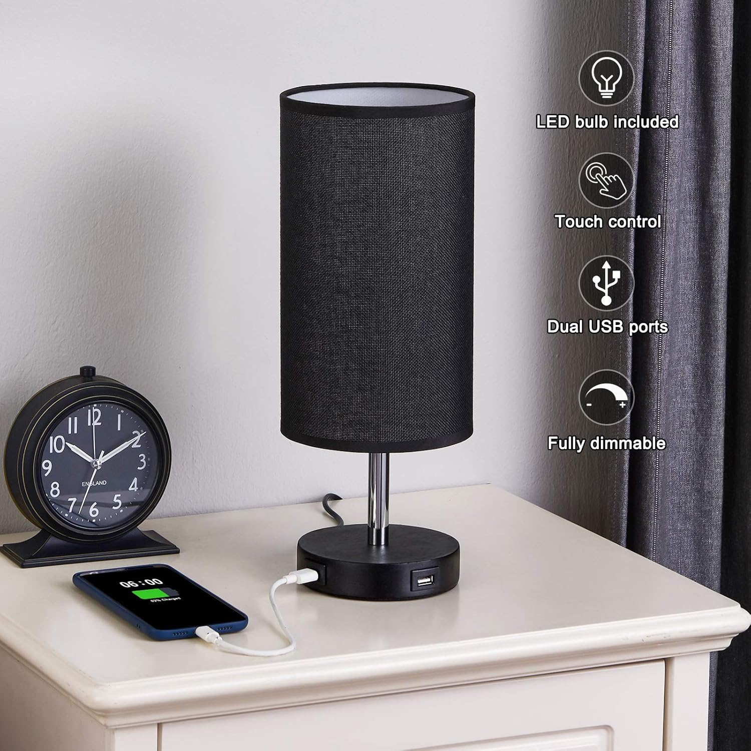 Bedside Lamp with 2 USB Ports Seealle 14 Inch Stepless Dimmable Small Black Touch Control Table Lamp for Bedroom Living Room Nightstand, Minimalist Decor with Daylight White LED Bulb Included