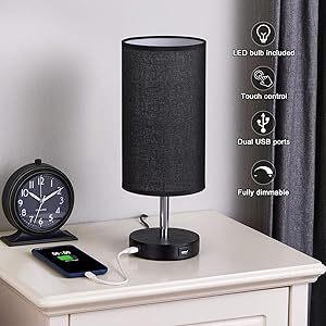 Bedside Lamp with 2 USB Ports Seealle 14 Inch Stepless Dimmable Small Black Touch Control Table Lamp for Bedroom Living Room Nightstand, Minimalist Decor with Daylight White LED Bulb Included