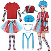 SOMSOC 8 Pieces Girls Tulle Tutu Costume Striped Stockings Accessories Set Blue Red Tutu Party Cosplay Set with Wig Suspender