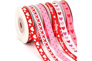 DECYOOL Valentine Ribbon 6 Rolls Valentines Day Ribbon, Valentine's Day Valentine Heart Ribbons Grosgrain Craft Ribbons for Gift Wrapping DIY Home Decor