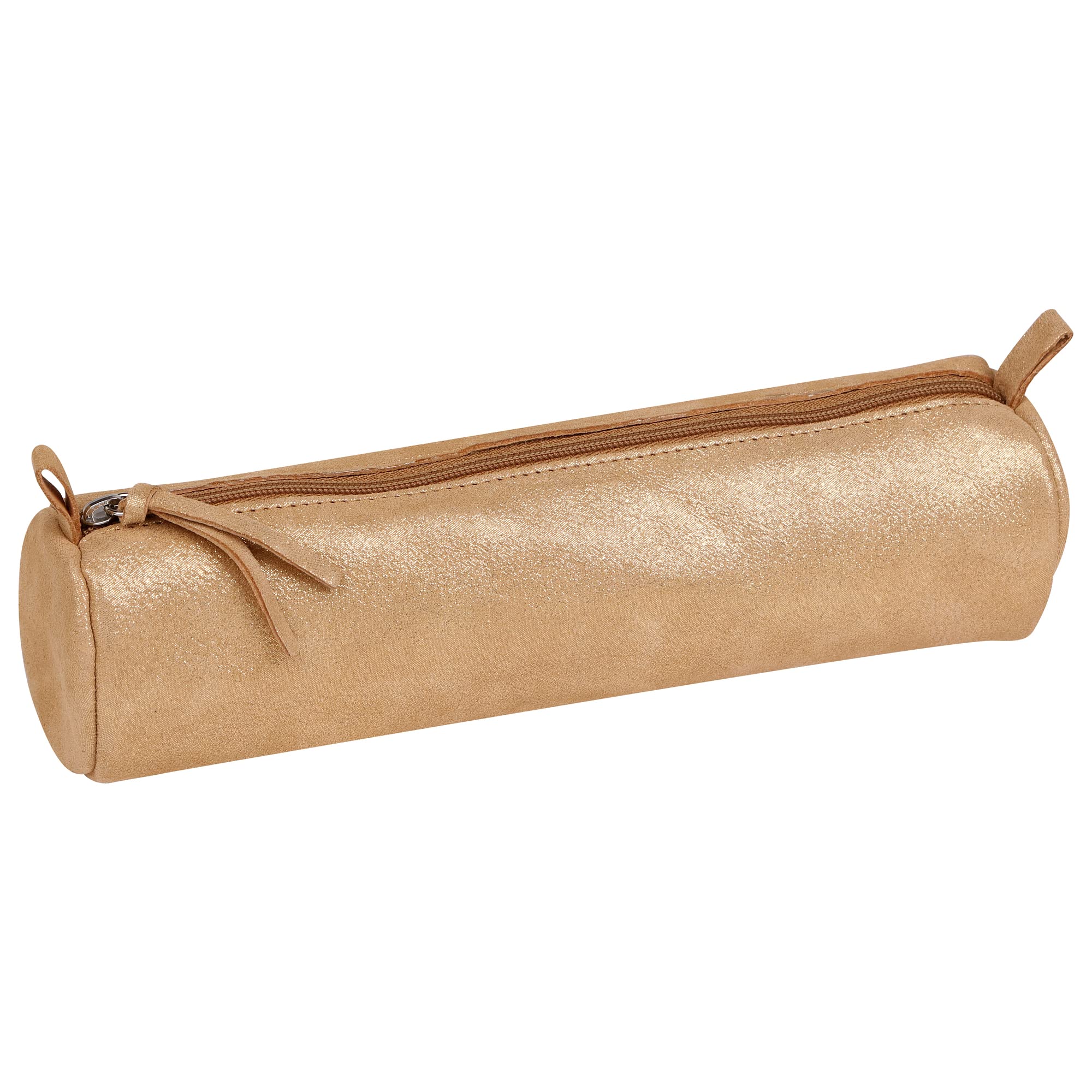 Clairefontaine 410028C -Gold Glitter Round School Pencil Case Ø5,5x22 cm in Genuine Lambskin Leather - School Supplies - Coloured Pencil Case - Pen Holder