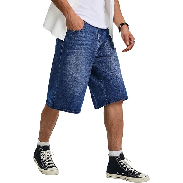 JiXiang Baggy Jean Shorts Men Loose Casual Wide Leg Mid Denim