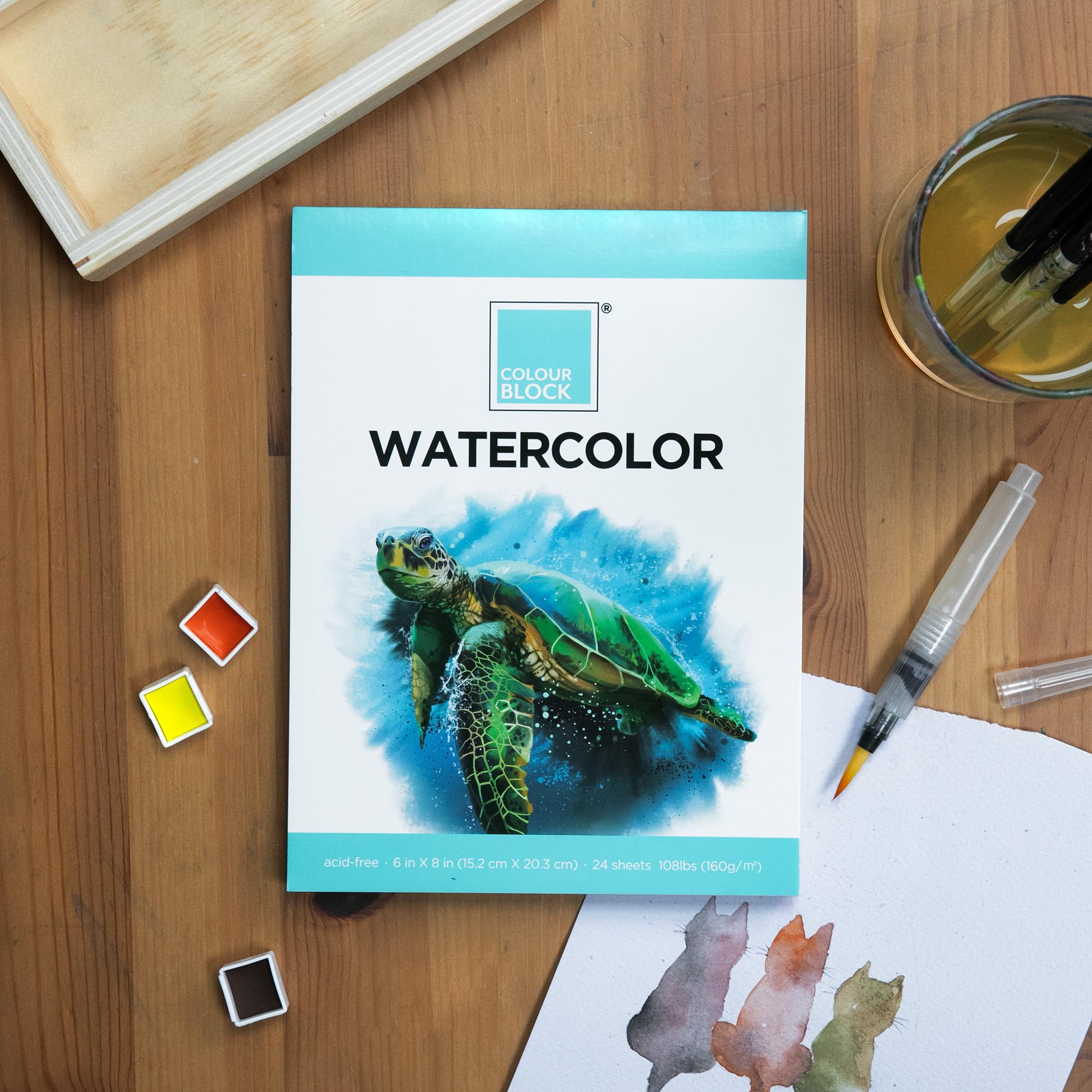 COLOUR BLOCK 32 Ultimate Watercolor Paint Set for Adults and Artists, Contains 24 Vibrant Colors, 2 Brushes, 6 Sheets Watercolor Paper, Perfect for School Supplies