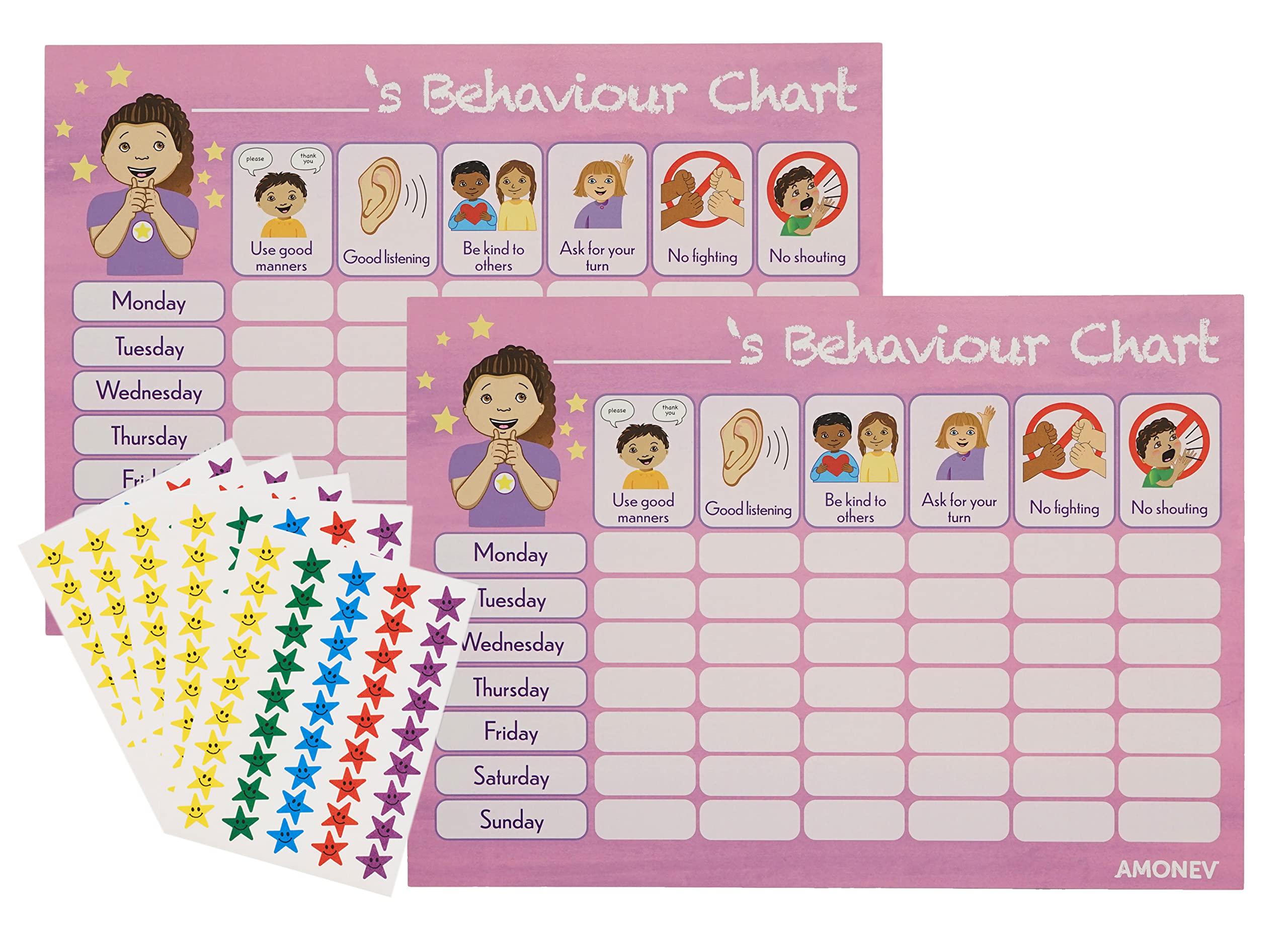 Amababy Amonev Behaviour chart 2x Pink Pack Amonev Behaviour Reward Charts for boys and girls Toddlers Twin Pack with 225 star stickers included