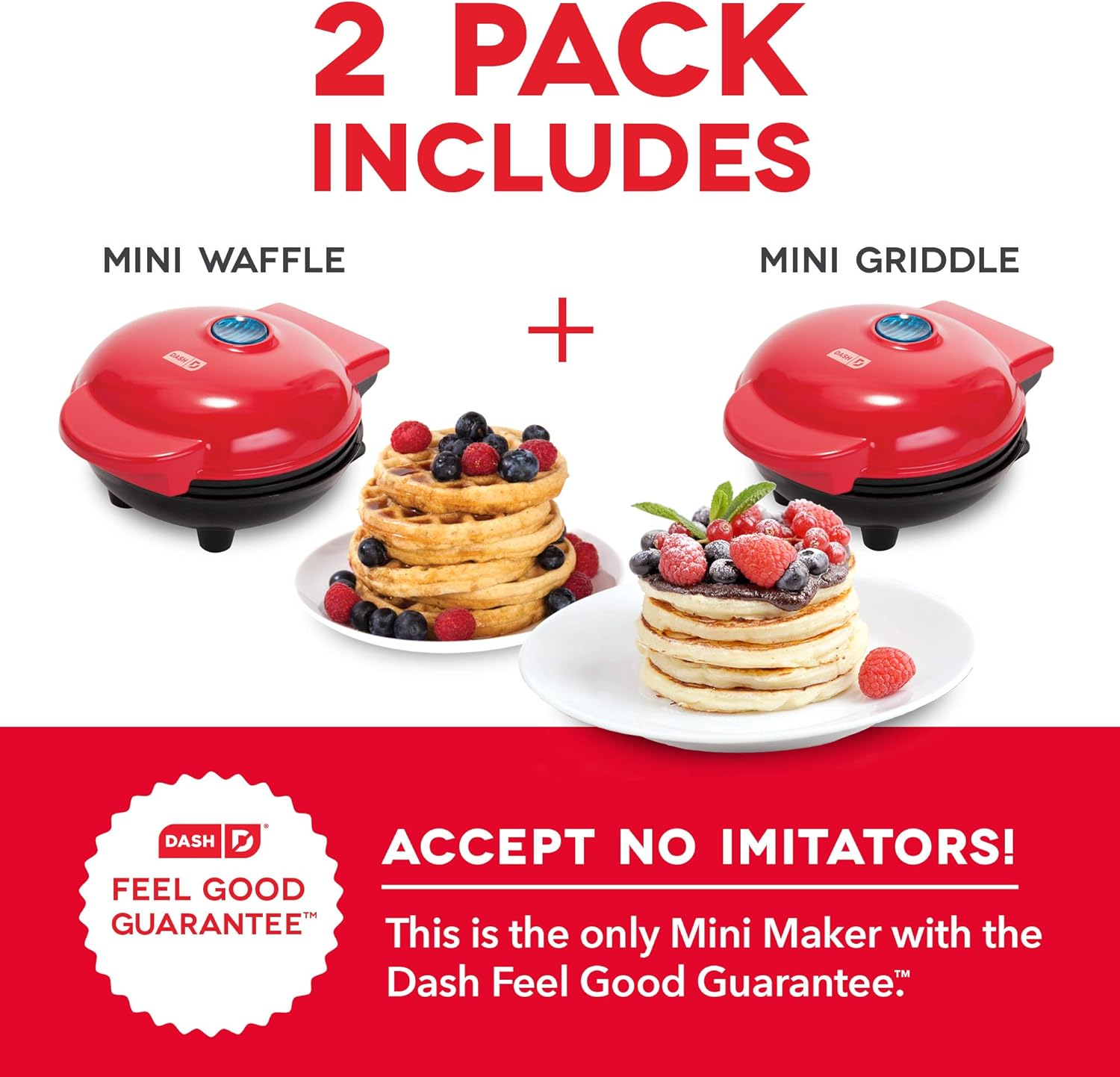 Dash DMSW002RD Mini Maker Grill, Griddle + Waffle Iron, 2 pack, Red: Kitchen & Dining