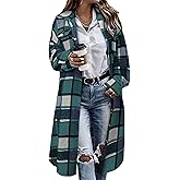 Himosyber Women's Casual Plaid Lapel Woolen Button Up Pocketed Long Shacket Coat