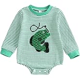 Fernvia Infant Baby Boy Fall Knit Striped Romper Helicopter Truck Fish Embroidered Crew Neck Long Sleeve Jumpsuit Clothes