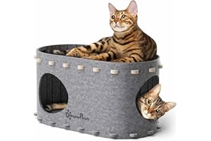 DownyPaws Cat House for Indoor Cats, Cat Bed Cave for Multiple & Large Cats Up to 22 Lbs, Scratch Resistant Peekaboo Cat Caves, Foldable Cat Tunnel Enclosed Bed, PeekaPurr, Cream, Light Gray