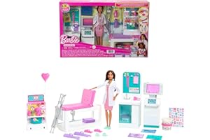 Barbie Fast Cast Clinic Playset, Brunette Barbie Doctor Doll (12-in/30.40-cm), 30+ Play Pieces, 4 Play Areas, Cast & Bandage 