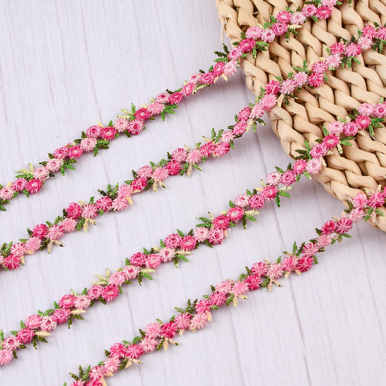 CRAFFANCY 10 Yards Rose Lace Trim, Floral Embroidered Trim Decoration for Wedding Dress Sewing DIY Crafts, Rose, Pink