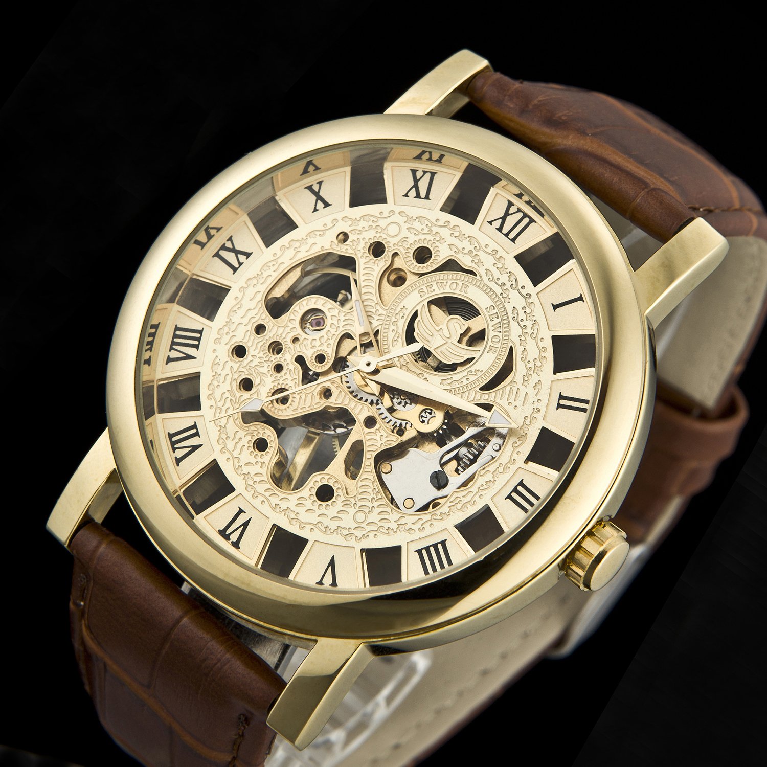 Sewor Men\'s Mechanical Roman Numeral Display Leather Wrist Watch Big Style 46mm (Gold)