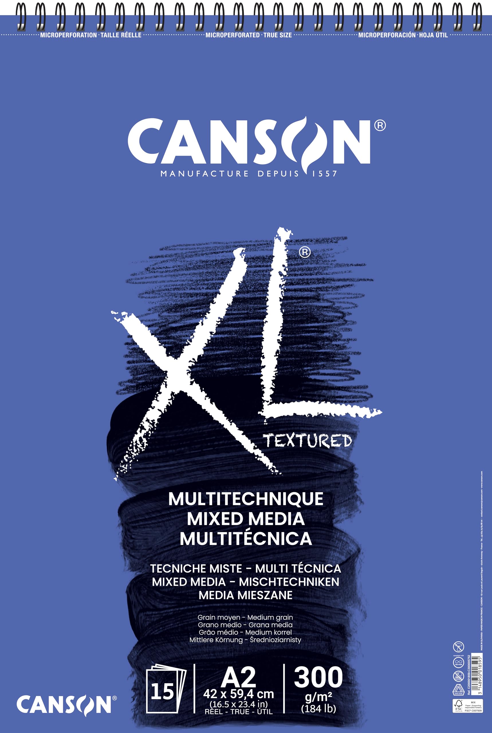 CANSON XL Textured Mixed Media 300gsm A2 Paper, Medium Grain, Spiral Pad Short Side, 15 White Sheets, for Professional Artists & Students