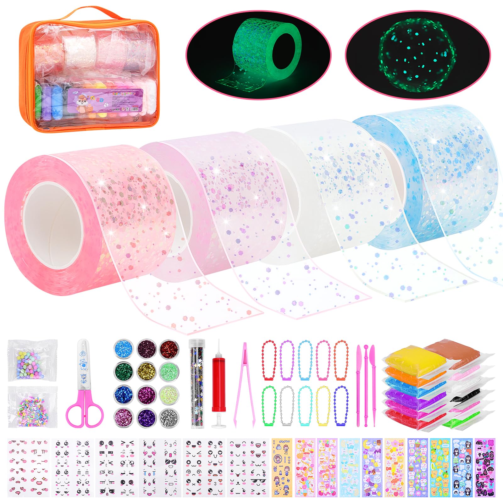 SelfTek Nano Tape Kit - 4 Rolls Glow-in-The-Dark Nano Tapes Craft DIY Bubble Art Set for Adults with Sequins, Clay and Accessories - Creative Stress Relief & Decorative Crafting
