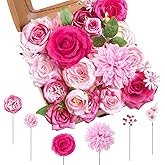 Jspupifip Pink, Hot Pink Artificial Flowers Combo Box Fake Silk Roses with Stems Hydrangea Peony Arrangement for Bridal Shower Boho DIY Wedding Cake White Flowers Table Decorations