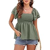 Women's Summer Peplum Tops Square Neck Ruffle Trim Short Sleeve Blouse Smocked Top Dressy Casual Shirts
