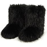 JIANCHIBUXIE Furry Faux Fur Boots for Women,Winter Fuzzy Fluffy Snow Boots for Woman Fur Lined Mid Calf Black Brown Fur Boots y2k