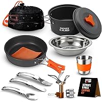 Camping Cookware Mess Kit Set with Stove - Backpacking Camping Pots and Pans Set, All in One Non-Stick Camping Cooking Set, P