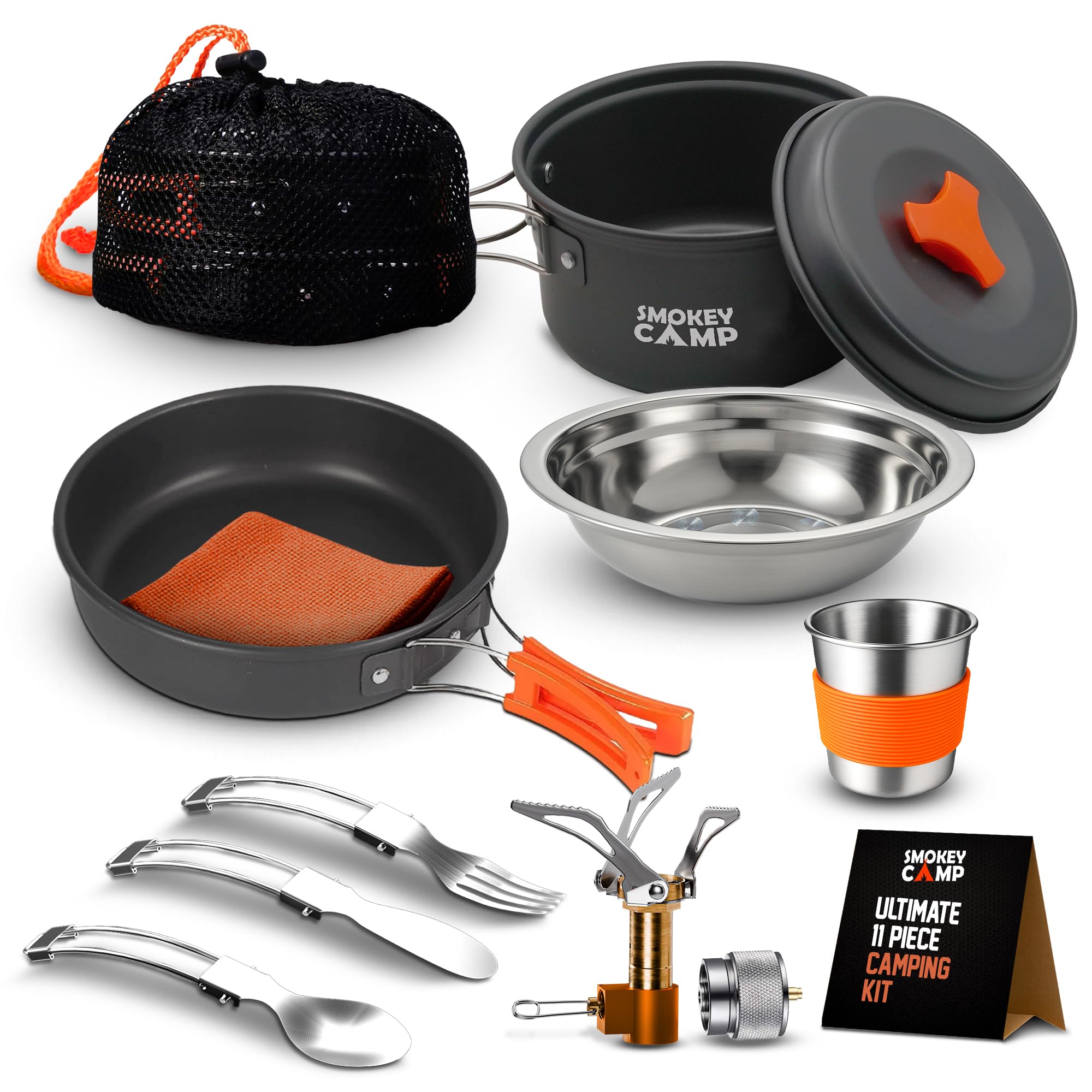 Photo 1 of 11 Pcs Smokey Camp Backpacking Cooking Set with Stove & Adapter - Pot, Pan, Stove, Cutlery, Compact Camping Cookware Mess Kit for One Person, All in One Non-Stick Camping Cooking Set, Hiking, Picnic
