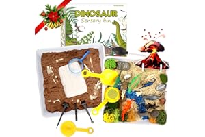 VMNLOOKING Dinosaur Sensory bin for Toddler Sensory Toys,Two Sandboxes Sensory Bin Filler with Pom-pom Volcano Dinosaurs Fossil Dig, STEM Paleontology Science Kit for Dinosaur Toys for Kids Ages 3-5+