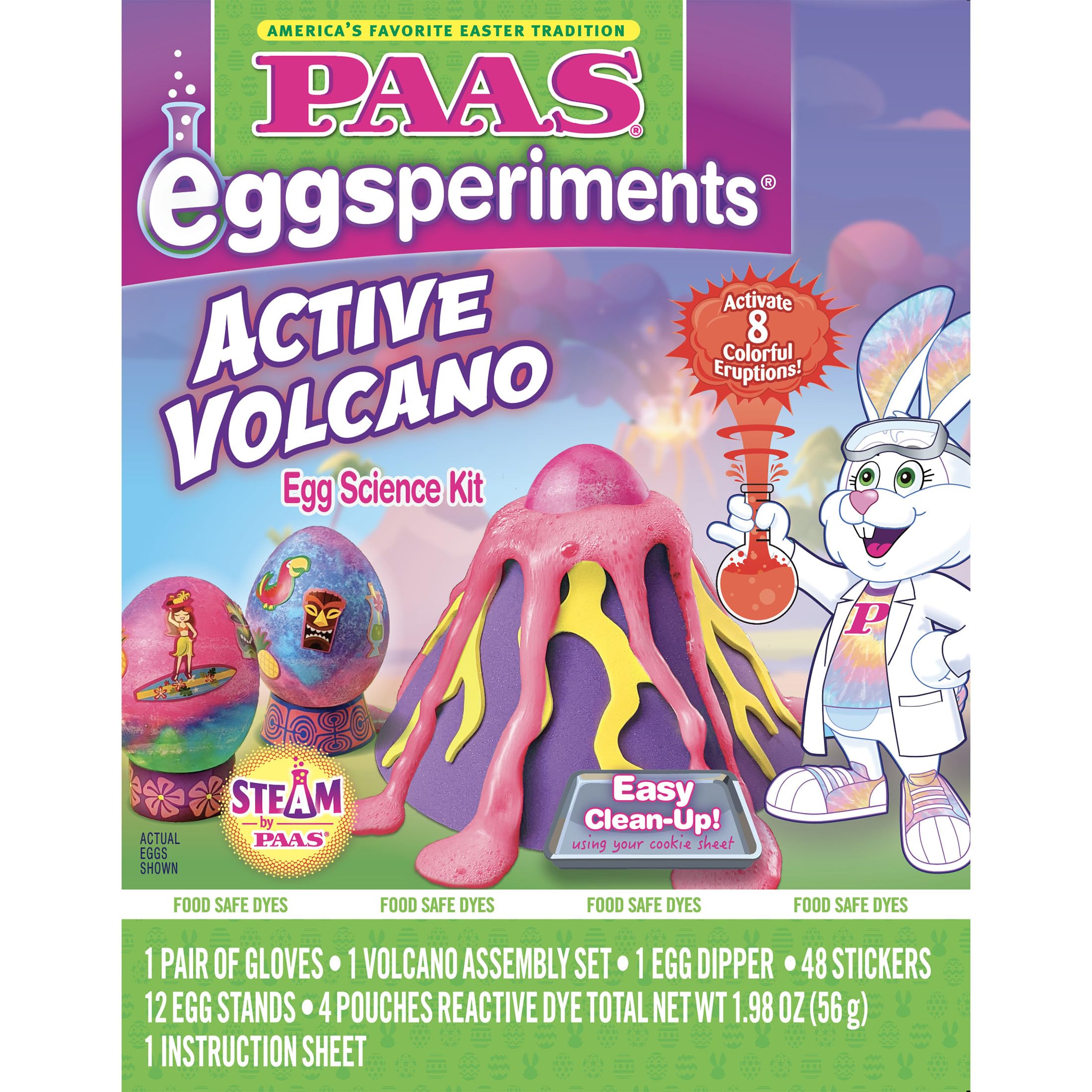 PAAS Eggsperiments Active Volcano Easter Egg Decorating Kit – Fun & Educational Kit with 8 Colorful Eruptions, Stickers, and Volcano Assembly Set