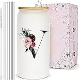 Personalized Customized Gifts for Women, Cute Glass Cups with Lids and Straws, Monogrammed Drinking Initial Iced Coffee Cup, Custom Letter Mug Tumbler, Nana Gigi Grandmother Grandma Mimi Gifts, V