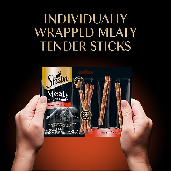 SHEBA MEATY TENDER STICKS SOFT CAT TREATS WITH CHICKEN, TUNA FLAVOR, AND SALMON FLAVOR, 0.14 OZ., 70 COUNT