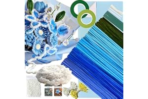 NafuXiaJJia 5-Color Blue Pipe Cleaner Flower Kit,300 Pcs Pipe Cleaners Craft,with 1 Roll Fluffy Yarn,50 Pearls,100 Flower Stamens,15 Floral Wire,2 Floral Tape,2 Wrapping Paper,Ribbon and Instruction