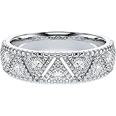 THELANDA Genuine Moissanite or Simulated Diamond Unisex 5.5mm Wide Vintage Milgrain Triangles Wedding Band Fashion Ring