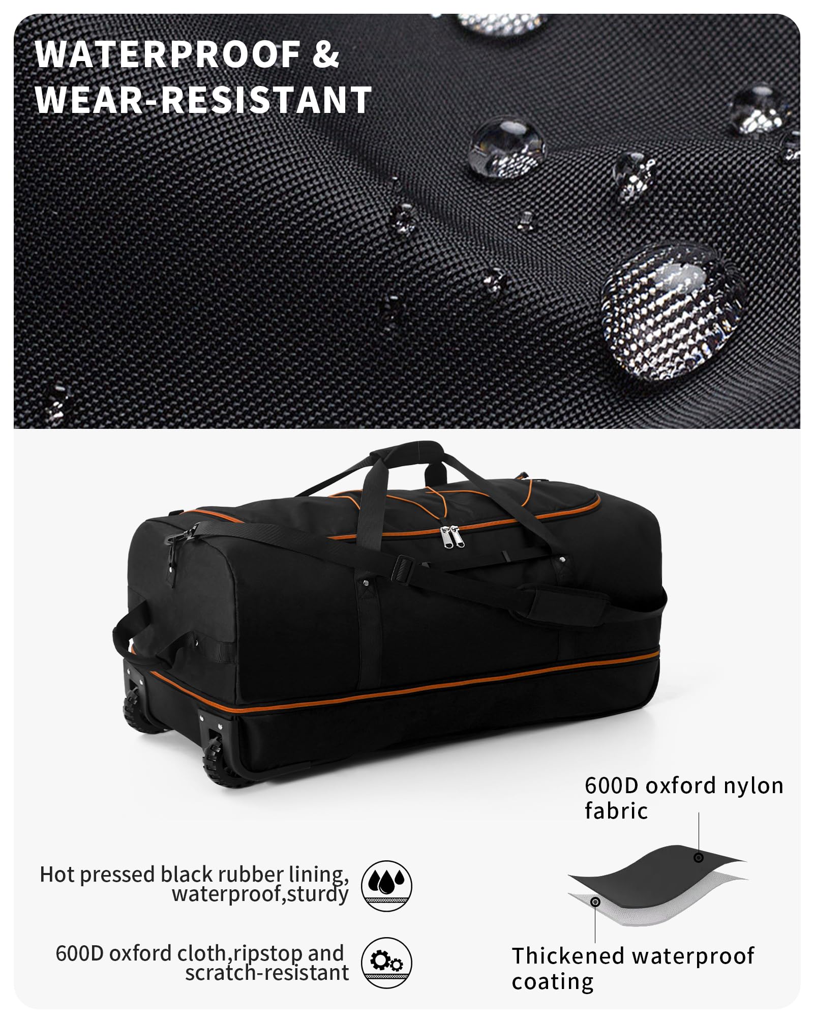 CONTAIL 32” Soft-side 110L Expandable 140L Rolling Duffle Bag with 2 Inline Wheels,Convertible Weekend Travel Bag with Bungee-Cord System,Black-orange