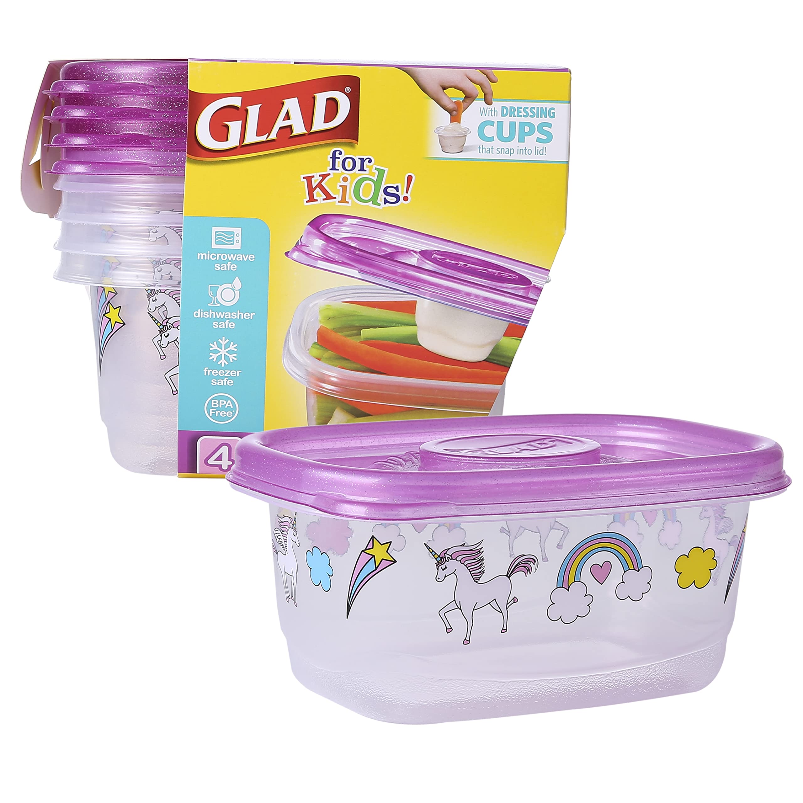 Photo 1 of Glad for Kids GladWare Snack Containers with Unicorn Design | BPA-Free Plastic Food Storage, 24oz 4 Count with Dressing Cups | Microwave & Dishwasher Safe, Pink, Plastic