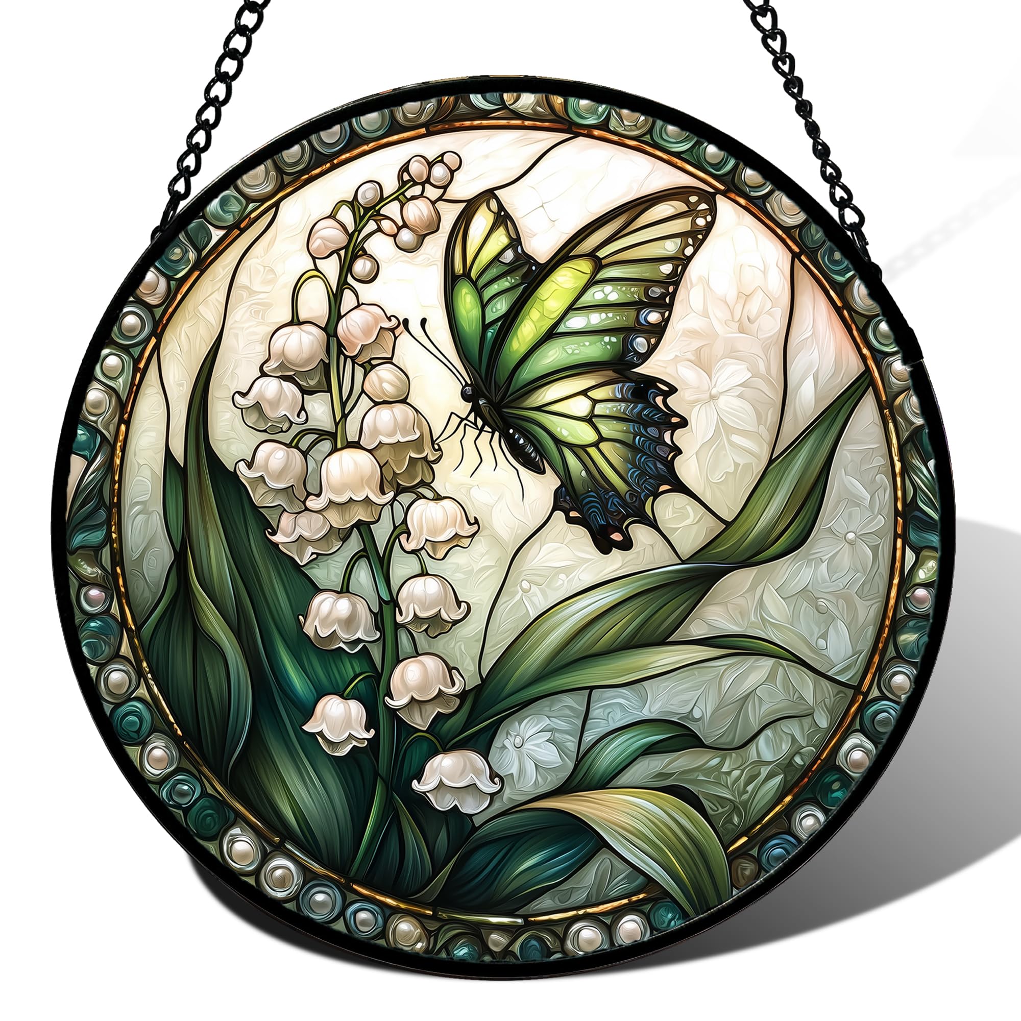 DASTOLL Stained Glass Window Hanging, Lily of The Valley Flower Butterfly Suncatcher for Doors Home Sun Catchers Decoration and Christmas, Mother's Day Birthday Gifts for Women, Men, Mom 14.9x14.9 in Image