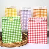 SIMSHOTUS 40 Pack Party Favor Bags with Stickers Gingham Birthday Goodie Bags 5.9 x 3.2x 9 Inches,Spring Picnic Rainbow Treat Bags,Baby Shower, Wedding Partys,Snack Candy Bags Kraft Paper Bag