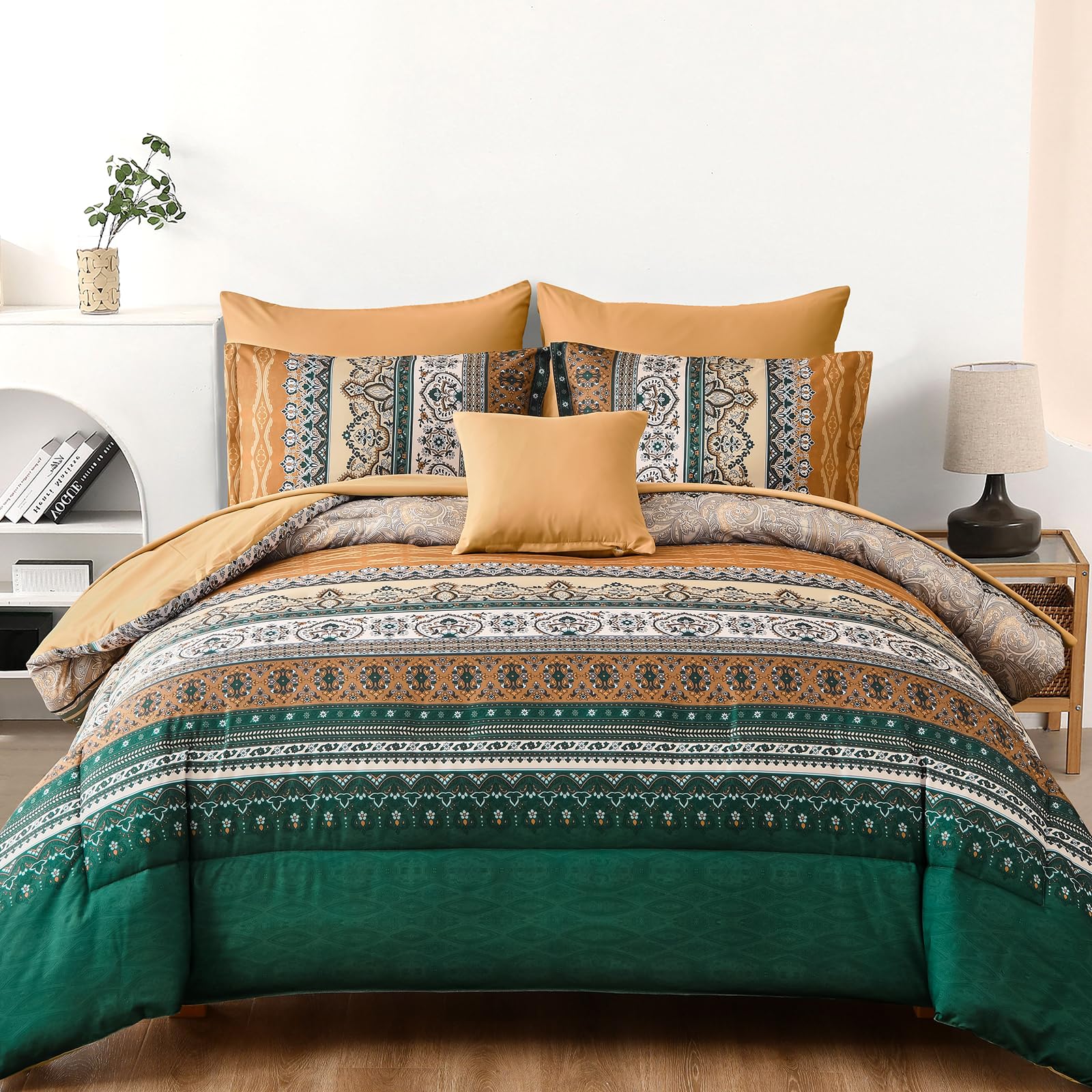 Cottolester Boho Comforter Set Queen Size,8 Pieces Brown and Green Bohemian Striped Bed in a Bag,Paisley Soft Microfiber Bedding Comforter Set Image