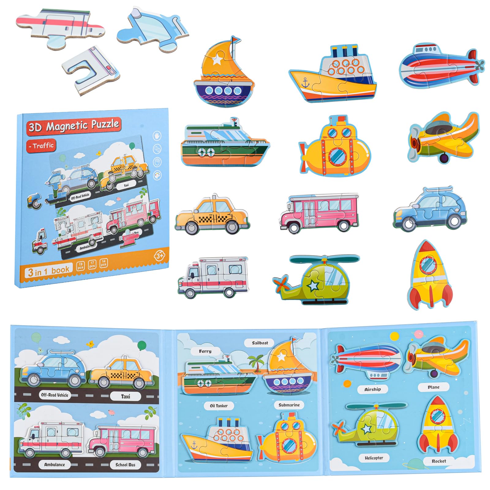 ASTARON Magnetic Puzzle with 80 Puffy Stickers for Toddlers, 51 Pieces 3-in-1 Traffic Puzzles Preschool Education Learning Travel Toys Car Plane Activities For Kids Road Trip Birthday Gifts