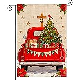 HOMETITUTE Merry Christmas Garden Flag Double Sided 12x18 Inch Burlap Winter Garden Flag Red Truck With Tree Gifts Banner Stars Cardinal Seasonal Flags Christmas For Patio Lawn Decoration