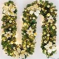 Christmas Garland, 9FT Pre-lit 50 LED Christmas Garland with 24 Xmas Balls, Battery Operated Christmas Lighted Poinsettia Gar