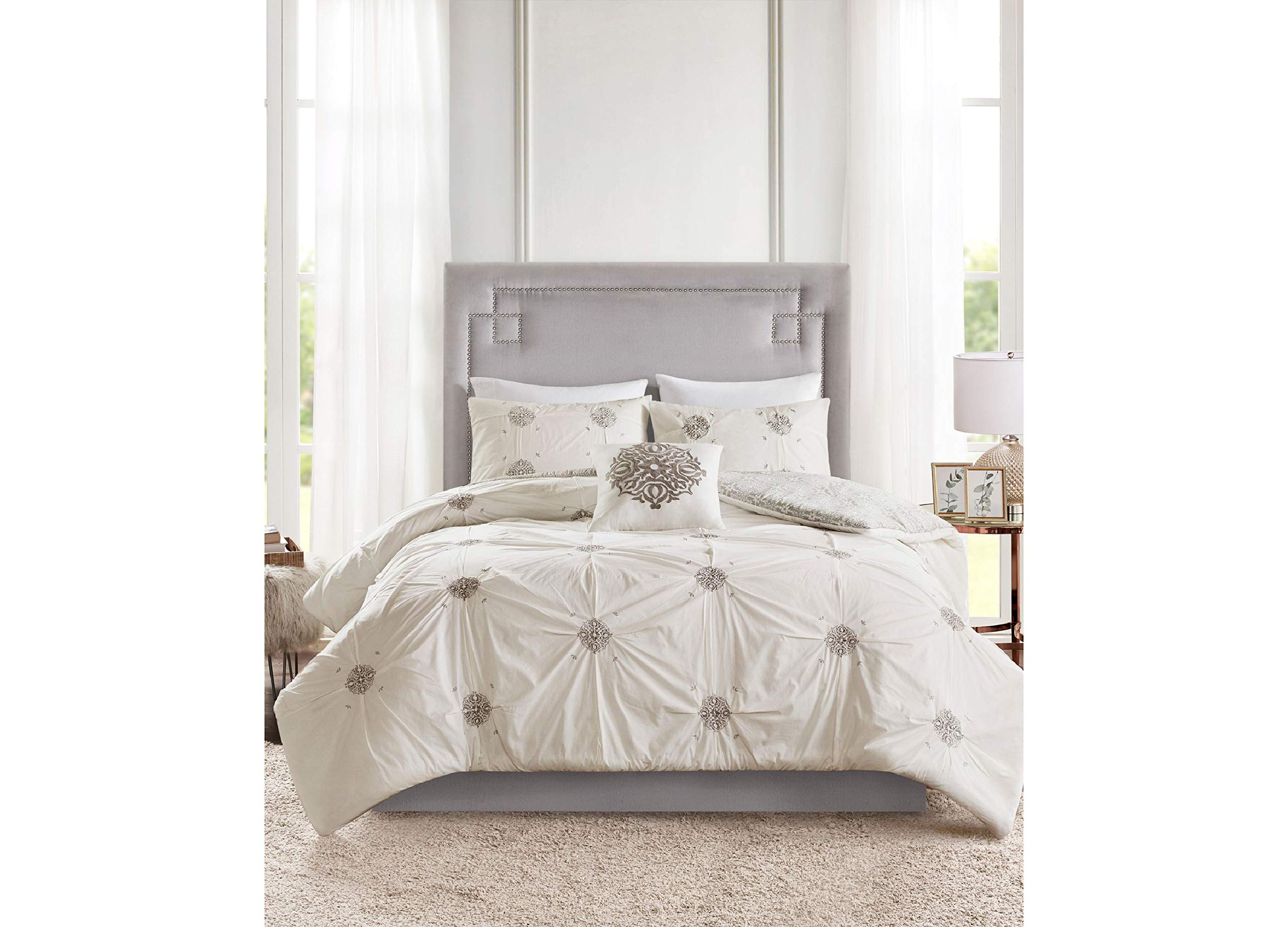Malia 4 Piece Embroidered Cotton Reversible Duvet Cover Set Grey/Ivory King/Cal King