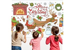 ZHARKOO Christmas Coloring Tablecloth 31×72 Inch, Large Table Cover with Santa Claus, Reindeer, Paper Drawing Poster with Christmas Tree, Snowflakes and Gift Designs, Holiday Kids Party Activity and Crafts