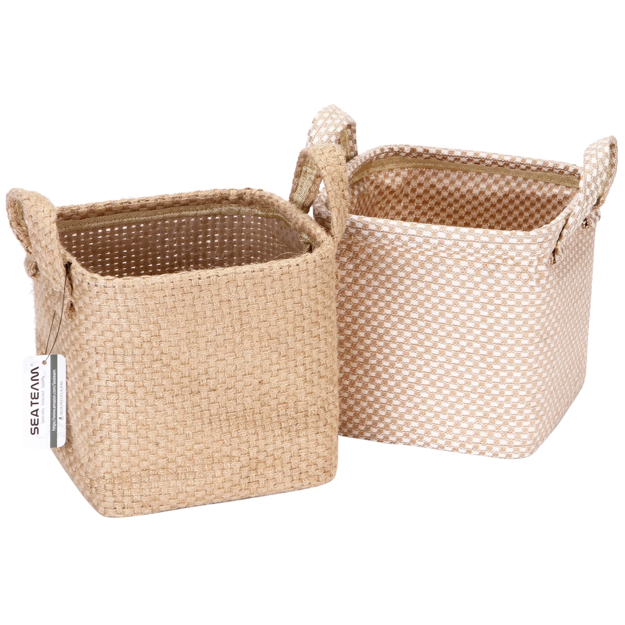 Sea Team Storage Baskets Organizer Box Bins in Jute and Cotton Linen Foldable with Handle Decorative for Home Toiletry Stationery Sundries Toys Jewerly Color Beige 17 * 17 * 17CM 2PCS