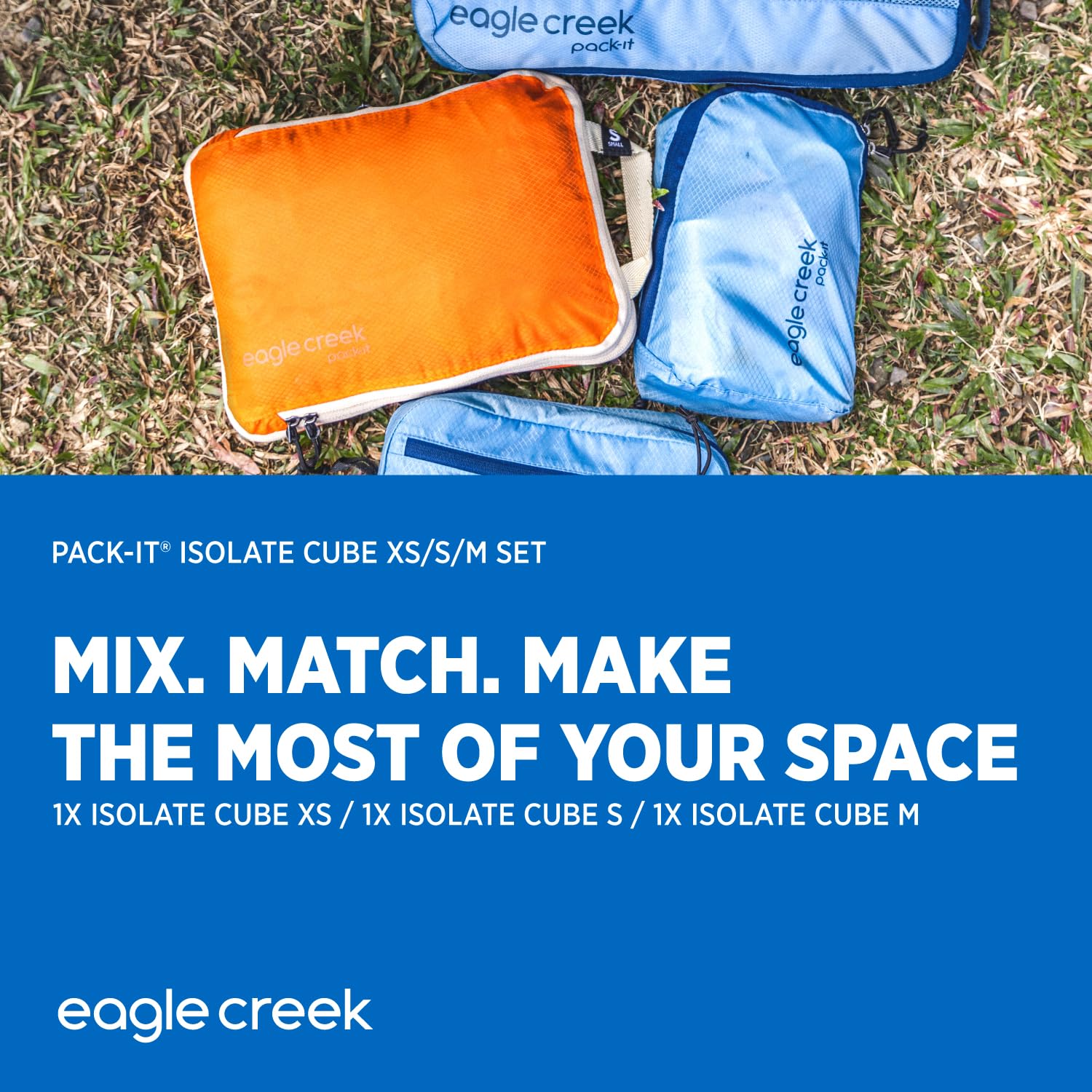 Eagle Creek Pack-It Isolate Cube Set - Compression Packing Cubes for Stackable Storage - Convenient Top Handle - Easy Grab Zipper Pull - Storm Grey - XS/S/M - 3