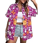 Womens Halloween Hawaiian Shirt Cute Pumpkin Spooky Castle Graphic Tee Magical Halloween Short Sleeve Button Up Tops