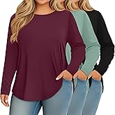 Ficerd 3 Pack Womens Plus Size Long Sleeve Tops Crew Neck Loose Fit T Shirt Stretchy Casual Winter Tops Basic Tees Shirts