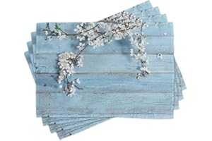 Ambesonne Rustic Place Mats Set of 4, Branch Blooming Warm Season Flowers on Wooden Fragility of Spring, Washable Fabric Placemats for Dining Table, Standard Size, Blue