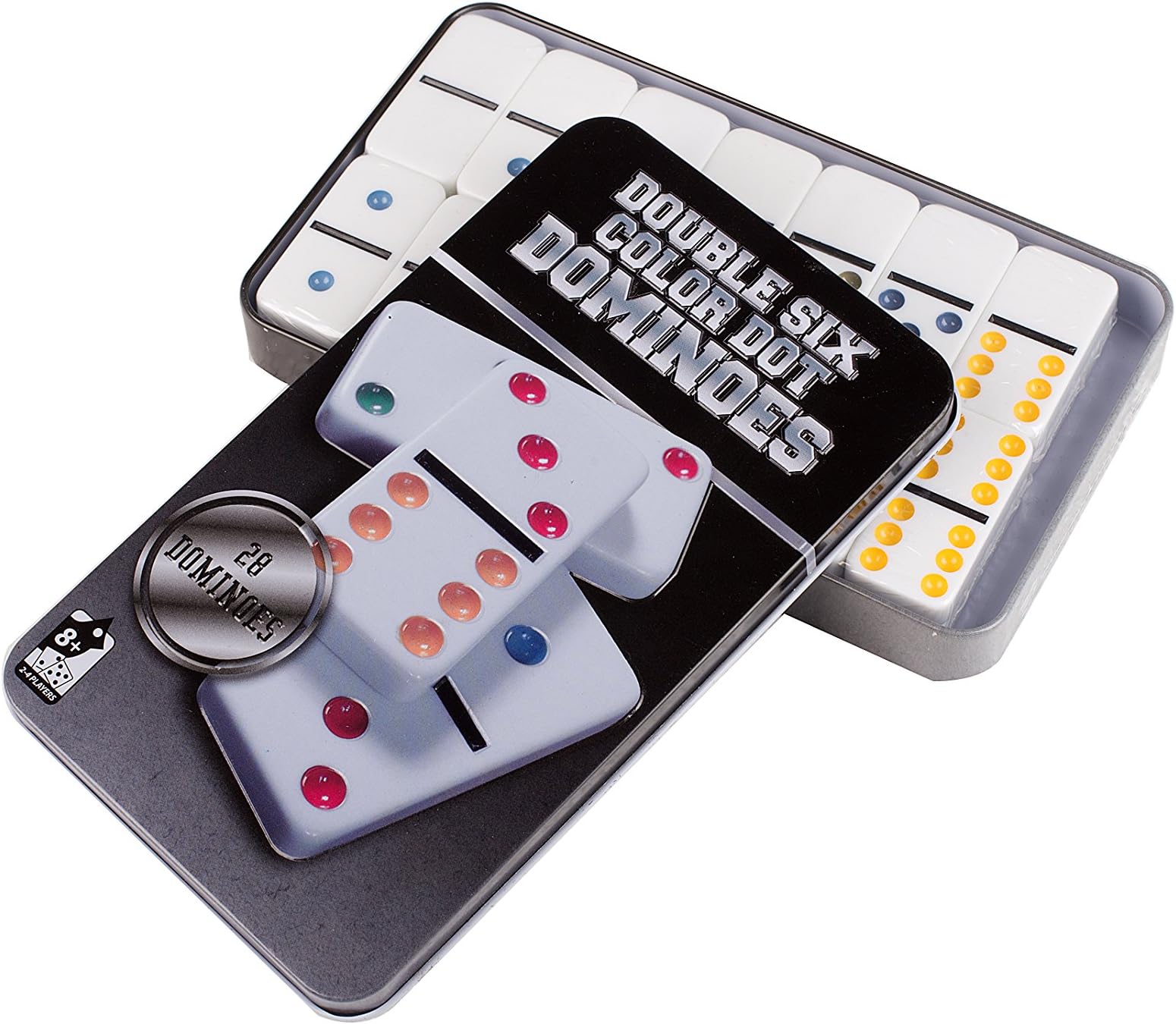 Double 6 Dominoes for Children Game, 28 Dominoes Double Six Color Pot Dominoes Set in a Tin Box