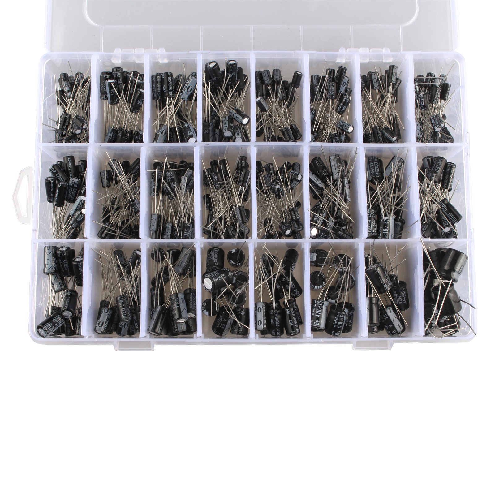 HALJIA 500pcs 24Value Electrolytic Capacitor Assortment Box Assorted Kit Range 0.1uF to 1000uF