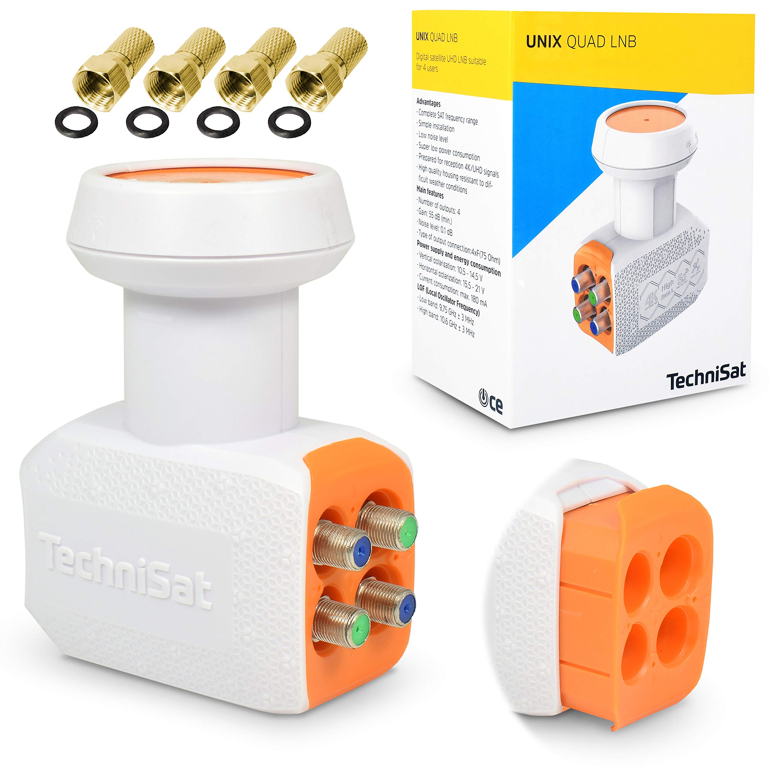 TechniSat Quad LNB for 4 Subscribers TV Receiver Direct Connection with Weather Protection Unix Digital UHD 4K Ultra HD Full HDTV + 4 F-Connectors