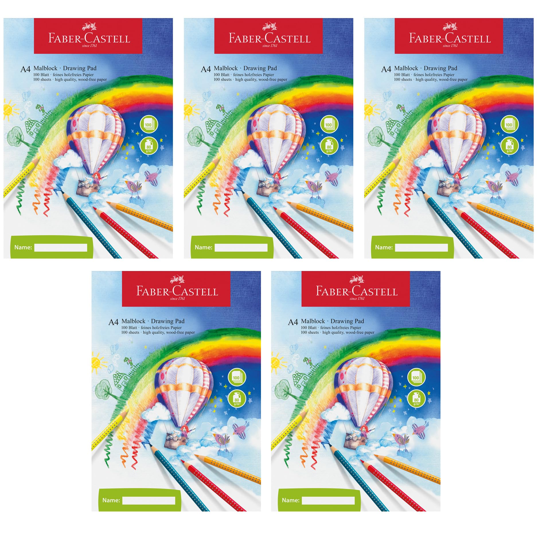 Faber-Castell 212049-5 - Colouring Pad DIN A4, FSC Mix, 100 Sheets, 5 Pads