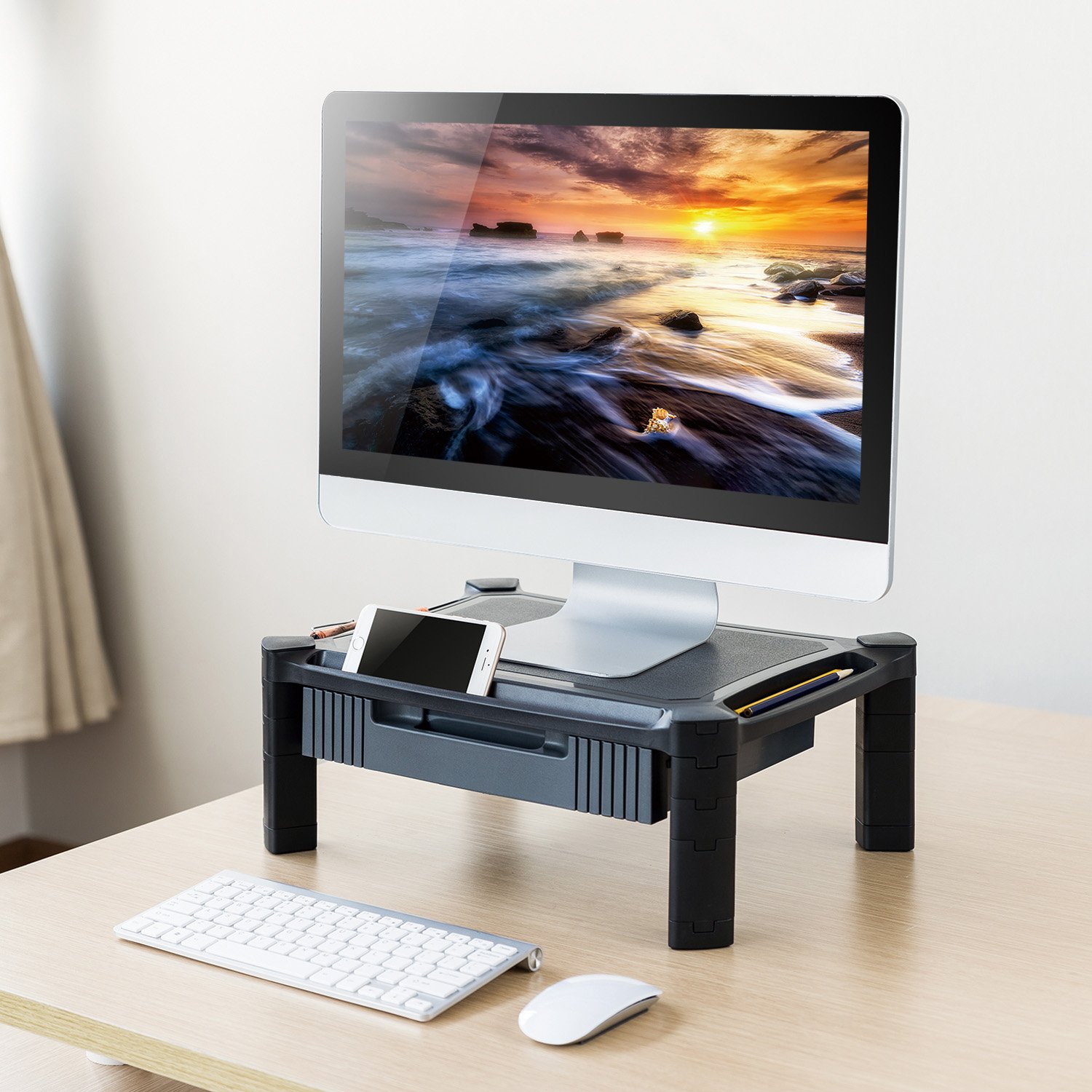 Adjustable Monitor Stand Riser Printer Shelf with Pull Out Drawer, Pen