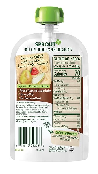 SPROUT ORGANIC STAGE 2 BABY FOOD POUCHES, STRAWBERRY PEAR BANANA, 3.5 OUNCE