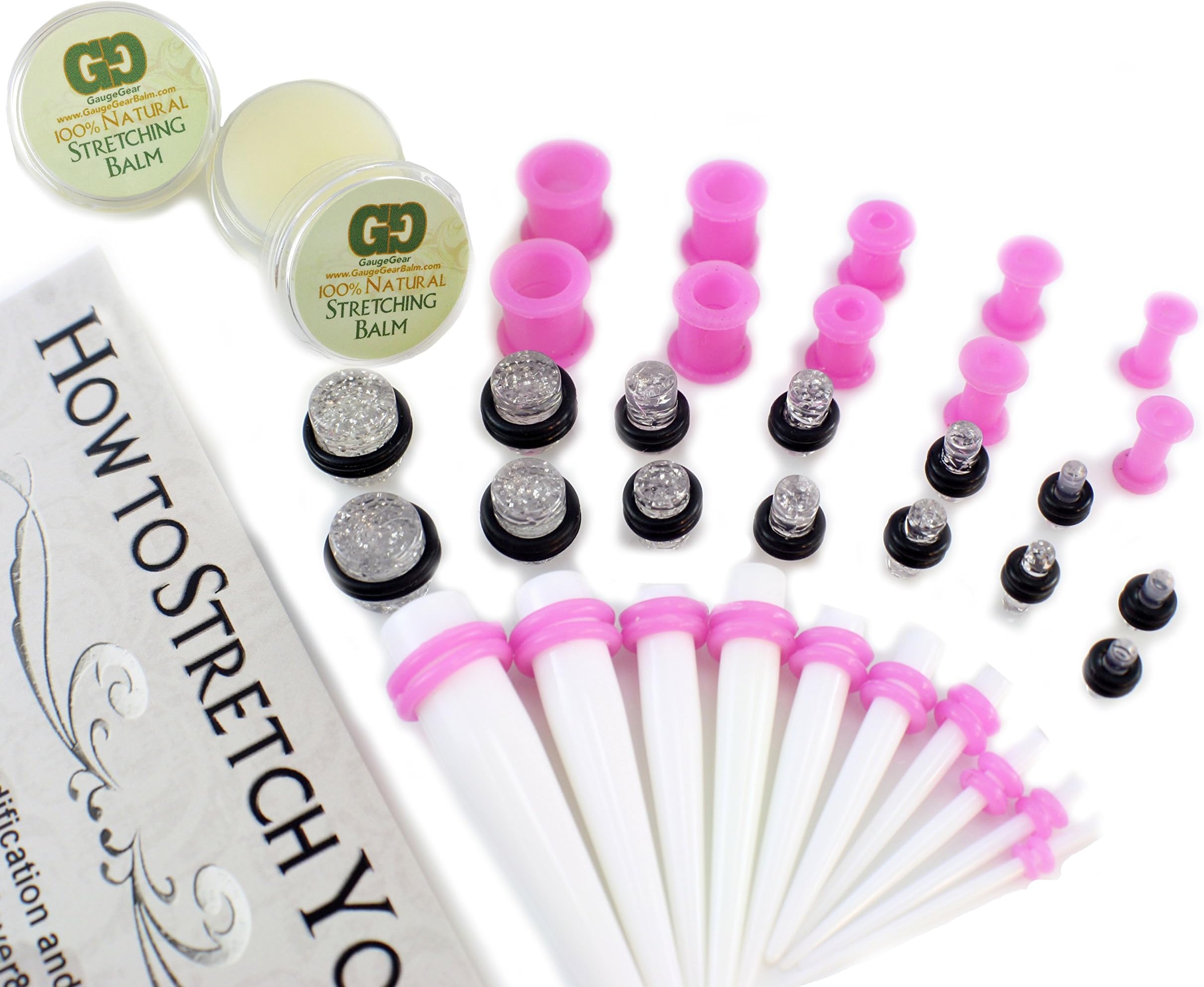 Ultimate Starter Kit- 40Pcs~ White Taper Ear Expander Kit~ Clear Glitter Plug Set, Purple Silicone Tunnel Se, 1.3mm-10mm, Balm
